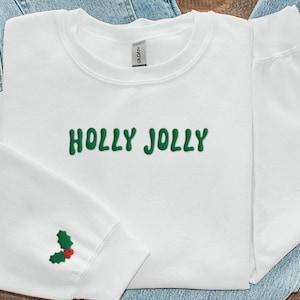 Holly Jolly Embroidered Christmas Crewneck Sweatshirt, Holly Sleeve Design
