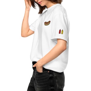 Hot Dog Embroidered Comfort Colors T-Shirt, Ketchup and Mustard Sleeve Design
