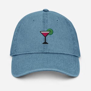 Cosmopolitan Cocktail Embroidered Denim Baseball Cap, Cute Cosmo Drink, Pink Martini Gift, Embroidery Baseball Hat Women, Martini Dad Hat