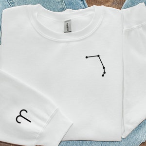 Aries Embroidered Crewneck Sweatshirt, Zodiac Sign Sleeve Design
