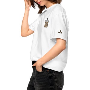 Iced Coffee Embroidered Comfort Colors T-Shirt, Coffee Beans Sleeve Design