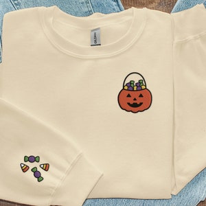 Embroidered Halloween Crewneck Sweatshirt, Cute Pumpkin Sweatshirt Fall, Jack-o-Lantern Candy Bucket, Halloween Sweatshirt Trick or Treat