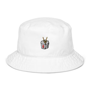 Chińskie pudełko na wynos haftowany kapelusz typu bucket hat, kapelusz typu bucket hat z makaronem, prezent dla smakoszy, uroczy kapelusz typu bucket hat, haftowany kapelusz z jedzeniem, kapelusz festiwalowy, prezent z makaronem