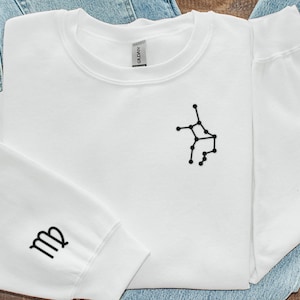 Sweat-shirt ras du cou brodé Vierge, manches avec signe du zodiaque