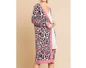 NEW Mauve Pink Black Animal Leopard Long Knit Cardigan Sweater Duster Top