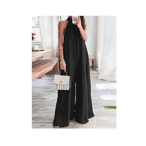 Black Bohemian Halter Wide Leg Elegant Palazzo Jumpsuit Pantsuit Jumper Sleeveless Cocktail Party Dress Jumpsuit