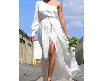 White Bohemian Belted Maxi Dress One Shoulder Puff Sleeve Front Slit Long Dress Boho Wedding Dress