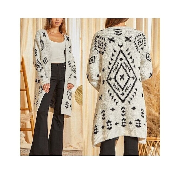 Pre-Order White Tribal Pattern Hollowed Knit Long Cardigan