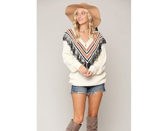 Women's Boho Ivory V-Neck Stripe Black Lace Ruffle Rib Knit Sweater Top