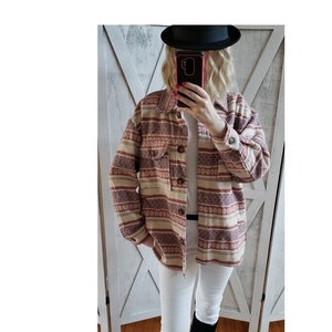 Mauve Pink Aztec Tribal Distressed Flannel Shirt Jacket Shacket Boho Vintage Cardigan Duster Shirt Coat Yellowstone Cowichan Inspired