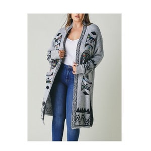 Plus Size Boho Aztec Tribal Cowichan Southwestern Knit Long Cardigan Sweater Duster Top Western Sweater Coat