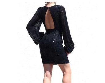 Black Sequin Open Back Bodycon Party Dress Bishop Balloon Long Sleeve Cocktail Evening Mini Dress