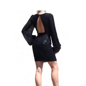 Black Sequin Open Back Bodycon Party Dress Bishop Balloon Long Sleeve Cocktail Evening Mini Dress