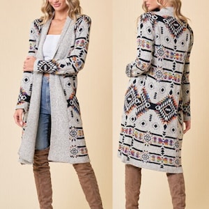 Boho Western Aztec Southwest Knit Long Cardigan Sweater Duster Coat Top Cowichan Outerwear Yellowstone Country Style