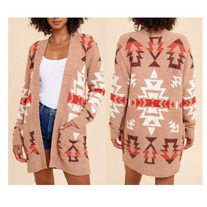 Boho Aztec Tribal Southwestern Knit Cardigan Sweater Duster Top Western Cowichan Yellowstone Inspired