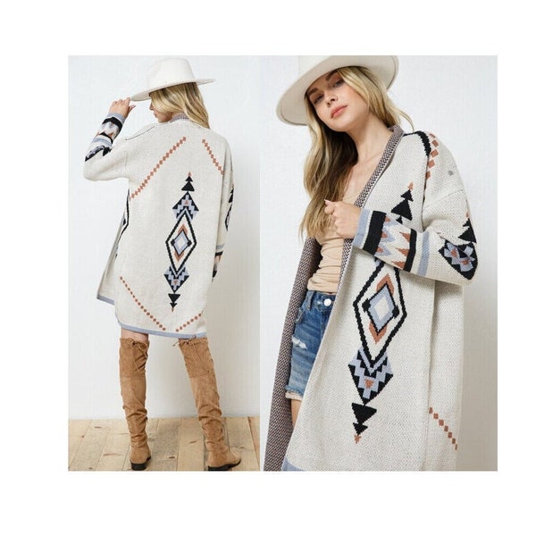 Boho Aztec Tribal Southwestern Print Long Cardigan Sweater Duster Top Western Cowichan Vintage Inspired