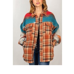 Aztec Tribal Plaid Shacket Flannel Shirt Jacket Boho Western Cardigan Yellowstone Vintage Inspired Outerwear