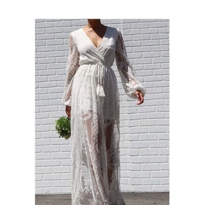 Bohemian Maxi Dress White Embroidered Mesh Lace Belted Peasant Long Dress Boho Wedding Dress