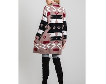 Women's Boho Aztec Tribal Southwestern Knit Cardigan Sweater Duster Top Western Cowichan Inspired