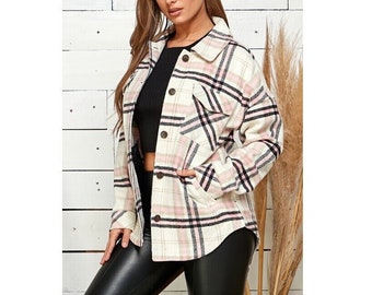 Damen Pink Schwarz Kariertes FlanellHemd Jacke Shacket Boho Western Vintage Inspiriert Oberbekleidung