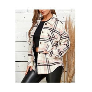 Women&#39;s Pink Black Plaid Flannel Shirt Jacket Shacket Boho Western Vintage Inspired Outerwear