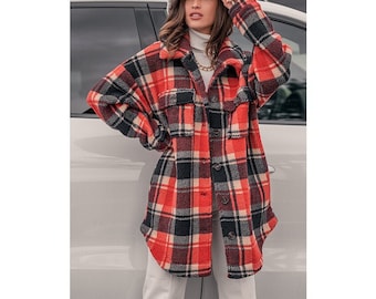 Damen Rot Schwarz Kariert Kariert Fleece Oversized Long Shirt Jacke Shacket Mantel Boho Western Soft Cozy Oberbekleidung