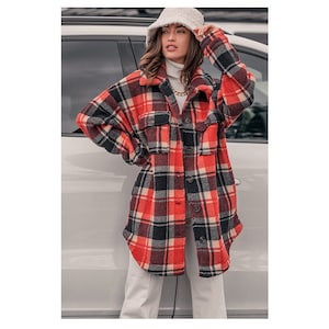 Women&#39;s Red Black Plaid Checkered Fleece Oversized Long Shirt Jacket Shacket Coat Boho Western Soft Cozy Outerwear