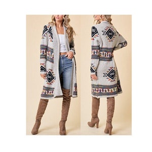 Boho Aztec Tribal Cowichan Southwestern Knit Long Cardigan Sweater Duster Coat Top Western Fall Winter Women&#39;s Outerwear