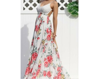 Vestido Boho Floral Maxi Branco Crochê Tricotado Costas Abertas Vestido Boho de Verão
