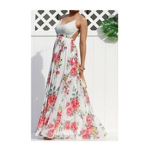 Boho Blumen Maxi Kleid Weiß häkeln Stricken Open Back Boho Sommerkleid