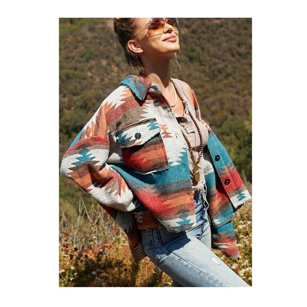 Boho Vintage Aztec Tribal Yellowstone Western Shacket Distressed Flannel Shirt Jacket Cardigan Coat Outerwear