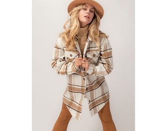 Damen Tan White Plaid Karierte Flanell Long Shirt Jacke Shacket Oversized Boho Western inspiriert Oberbekleidung