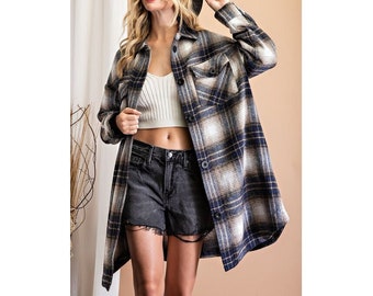 Boho Western Navy Tan Karo Karierten Karierten Flanell Shacket Langes Shirt Jacke Mantel Duster Top Oversized Oberbekleidung