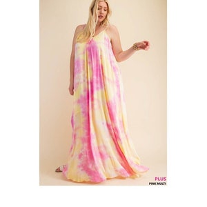 Plus Size Boho Pink Yellow Tie Dye Cami Maxi Dress Spaghetti Strap Bohemian Long Dress Summer Dress Beach Cover Up Dress