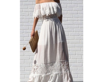Bohemian White Maxi Dress Crochet Lace Off Shoulder Ruffle Peasant Long Dress Boho Wedding Dress