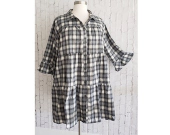Women's Plus Size Gray Plaid Bell Sleeve Boho Babydoll Swing Tunic Shirt Dress