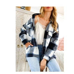 Boho Western Plaid Flannel Shirt Jacket Shacket Coat Navy Blue Vintage Inspired Outerwear