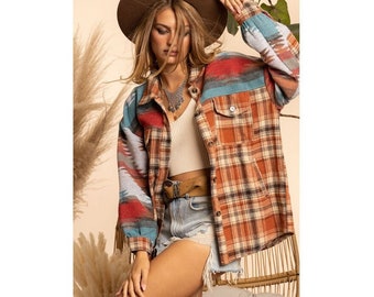 Boho Aztèque Tribal Plaid Shacket Flanelle Chemise Veste Western Yellowstone vintage Inspiré Vêtements d'extérieur
