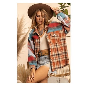 Boho Aztec Tribal Plaid Shacket Flannel Shirt Jacket Western Yellowstone Vintage Inspired Outerwear