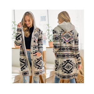 Boho Aztec Tribal Cowichan Southwestern Sherpa Lined Knit Hooded Long Cardigan Sweater Coat Western Jacket Fall Winter Women&#39;s Outerwear