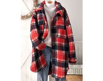 Schwarz Rot Kariert Kariert Fleece Übergroße Lange Shirt Jacke Shacket Mantel Western Weiche, Gemütliche Oberbekleidung