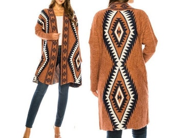 Native Western Fringe Sweater Coat, Southwest Boho Print