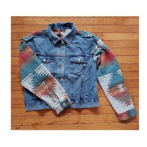 Boho Vintage Aztec Tribal Southwest Print Contrast Flannel Shirt Washed Denim Jacket Jean Shacket Western Yellowstone Outerwear