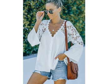 White Bohemian Crochet Lace Bell Sleeve Romantic Blouse Boho Shirt Vintage Inspired Peasant Babydoll Tunic Top