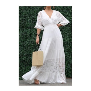 Boho Blanc Dentelle Large Cloche Ruffle Sleeve Maxi Robe Paysanne Boho Robe Longue Plage Été Robe de Mariée