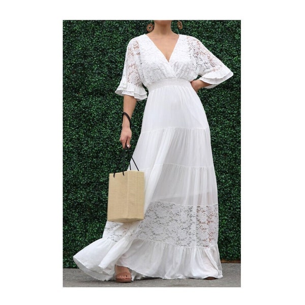 Bohemian White Lace Wide Bell Ruffle Sleeve Maxi Dress Peasant Boho Long Dress Beach Summer Wedding Dress