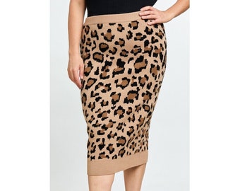 Plus Size Animal Leopard Print Sweater Knit Midi Skirt Mocha Brown Stretch Pencil Skirt