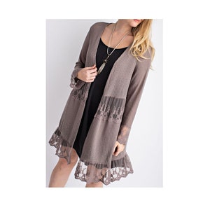 Women&#39;s Mocha Crystal Boho Lace Ruffle Bell Sleeve Cardigan Duster Bohemian Tunic Top Plus Size