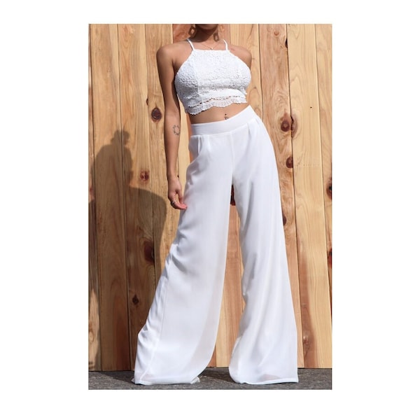 Bohemian White Crochet Lace Strappy Back Top Wide Leg Pants Set Boho 2 Piece Pant Suit Outfit Elegant Beach Summer Wedding Outfit