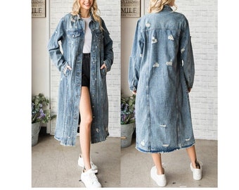 Distressed Ripped Vintage Blue Denim Long Maxi Jean Jacket Coat Outerwear
